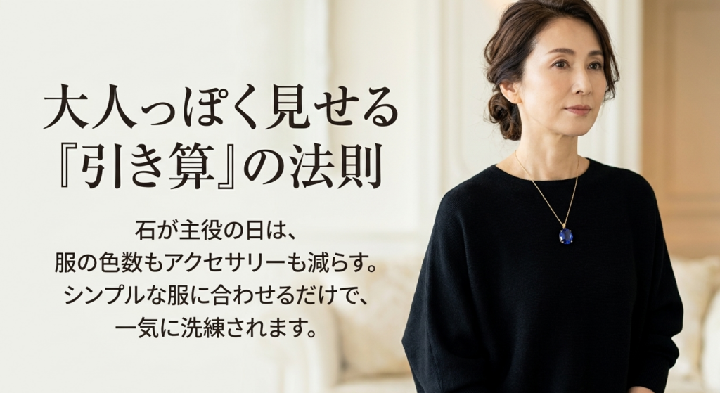 大粒の色石ジュエリーをシンプルな服と合わせて大人っぽく見せる女性