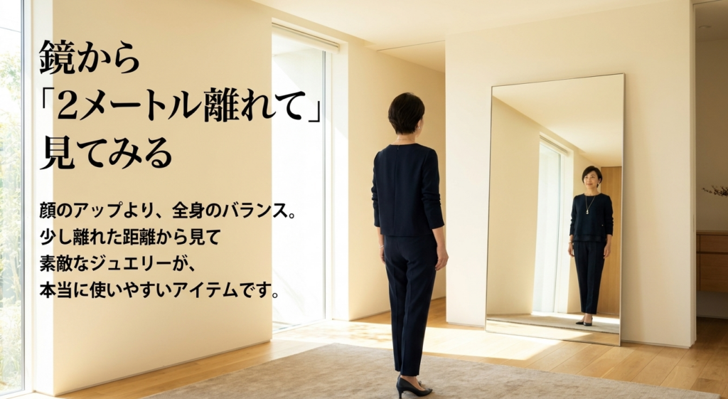 ジュエリーを試着した女性が鏡から離れて全身のバランスを確認している様子