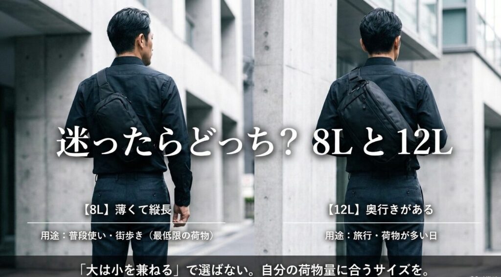 ニューエラのボディバッグ8Lと12Lを比較、8Lは普段使い、12Lは旅行や荷物が多い日に向く