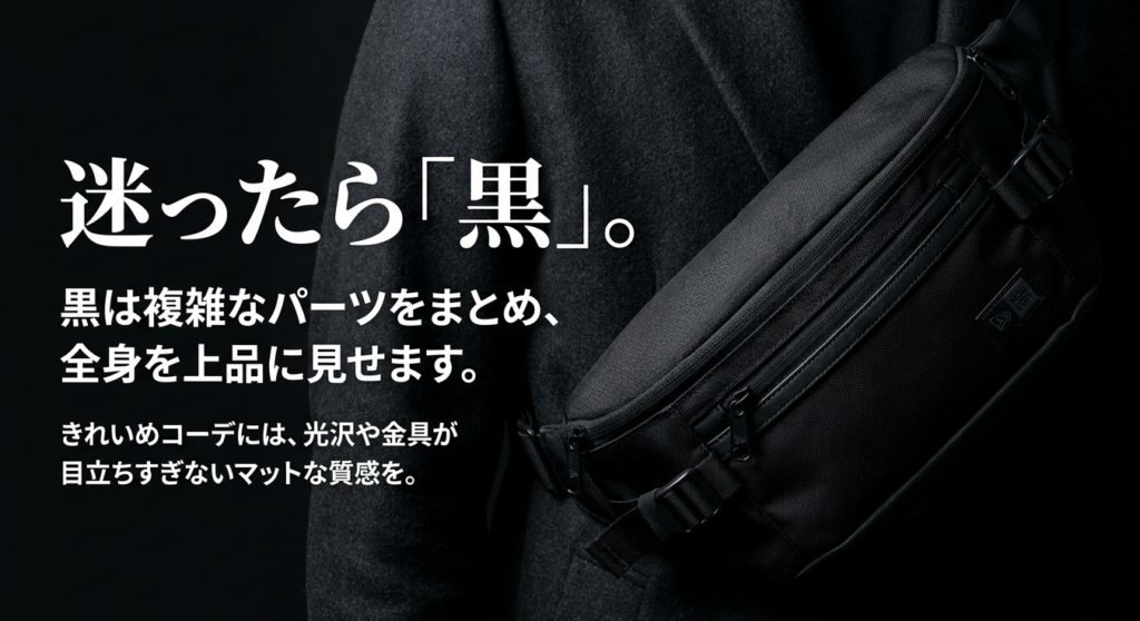 黒のニューエラボディバッグは複雑なパーツをまとめ、きれいめコーデにも合わせやすい