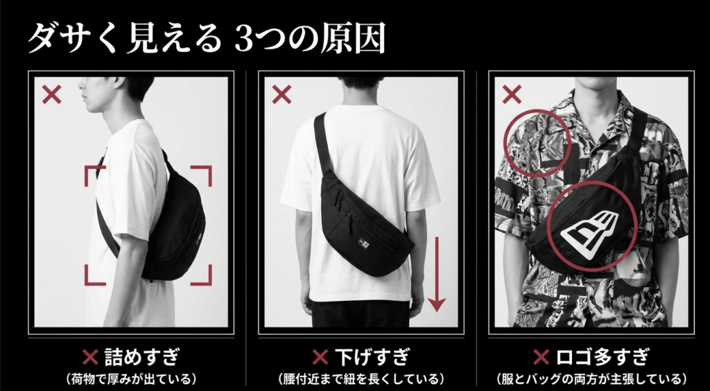 ニューエラのボディバッグがダサく見える原因は詰め込みすぎ、位置が低い、ロゴが多すぎること