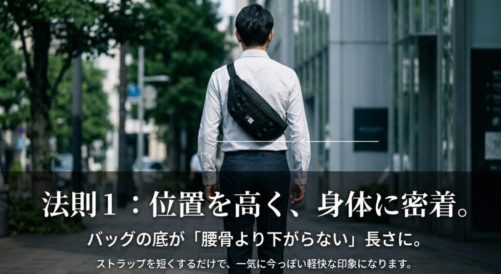 ニューエラのボディバッグを腰骨より下げず高い位置で身体に密着させる着こなし方
