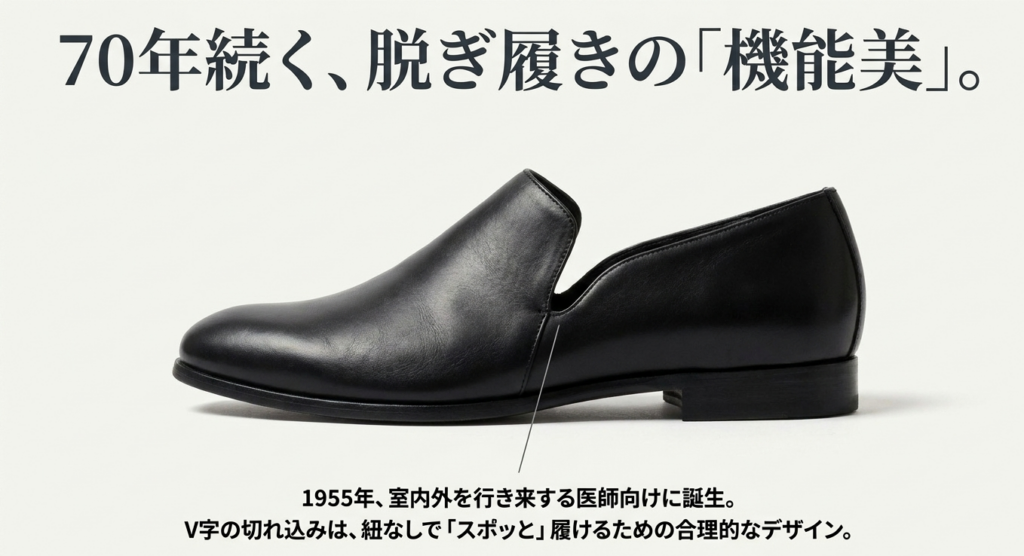 1955年に誕生したスポックシューズのV字デザインと脱ぎ履きしやすい構造を示した画像