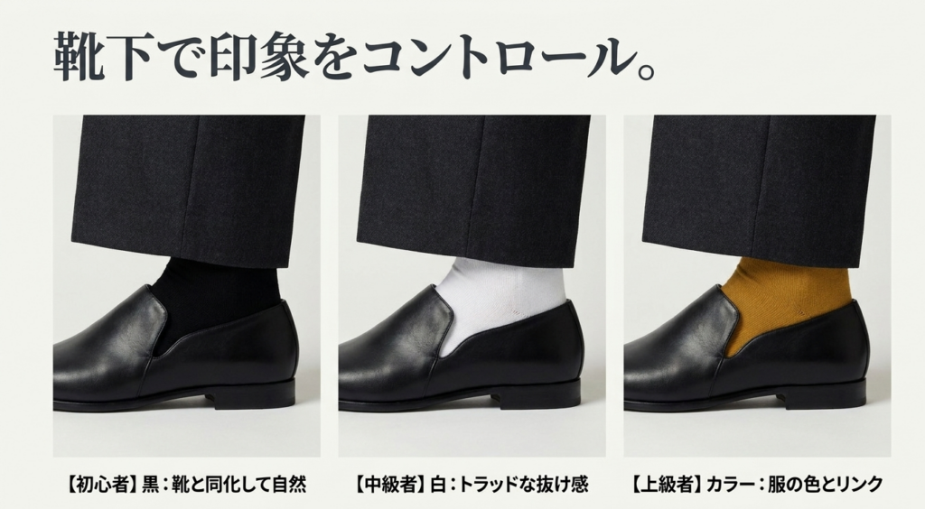 黒・白・カラーの靴下をスポックシューズに合わせた印象の違いを比較した画像