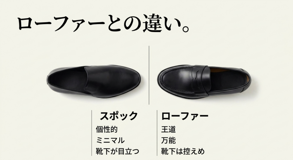 スポックシューズのガラスレザーとスムースレザーの艶や質感の違いを比較した画像
