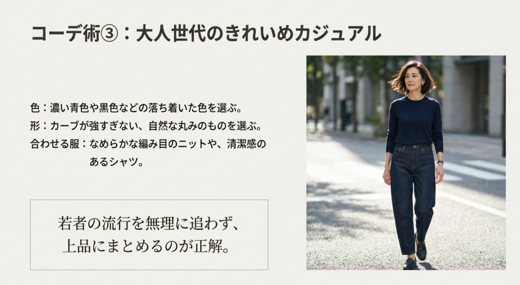40代・50代女性向けのバレルレッグジーンズコーデ例として、濃いインディゴデニムにネイビーニットと黒の革靴を合わせたきれいめカジュアルスタイル