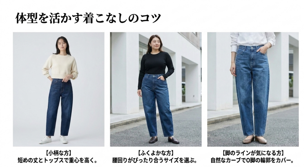 バレルレッグジーンズを使った体型別コーディネート3例。小柄な方は短めの丈とトップス、ふくよかな方は腰回りに合うサイズ、脚のラインが気になる方は自然なカーブを選ぶ着こなしを紹介