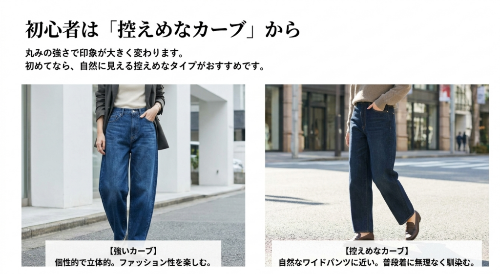 バレルレッグジーンズの強いカーブと控えめなカーブを比較した画像。立体感の強いデザインと、普段着になじみやすい自然なシルエットの違いを紹介