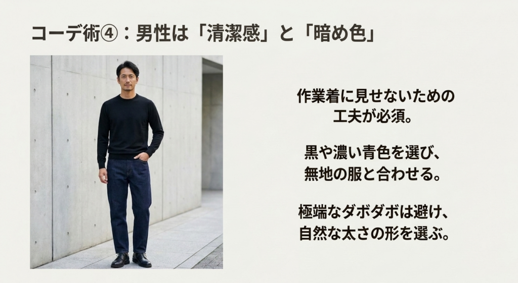 男性がダークインディゴのバレルレッグジーンズに黒の無地トップスと革靴を合わせた、清潔感のある大人向けメンズコーディネート
