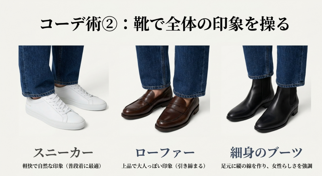 バレルレッグジーンズに白スニーカー、ブラウンのローファー、黒の細身ブーツを合わせた足元を比較し、それぞれの印象の違いを紹介する画像