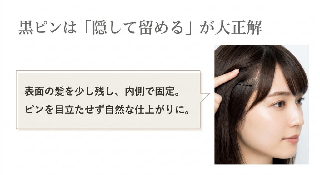 表面の髪を残して内側で黒いアメピンを固定し前髪を自然に留める方法