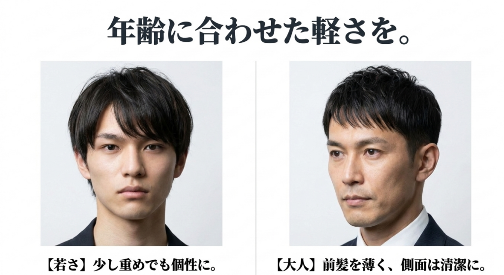 若い男性と大人の男性でぱっつん前髪の軽さやサイドの整え方を変える例