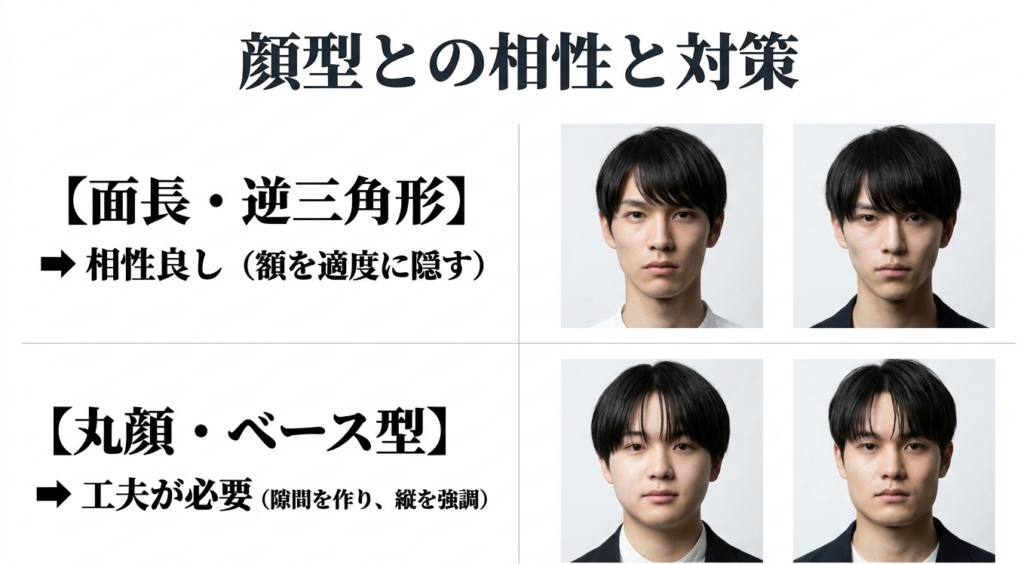面長や逆三角形はぱっつん前髪と相性がよく丸顔やベース型は工夫が必要なことを示す比較