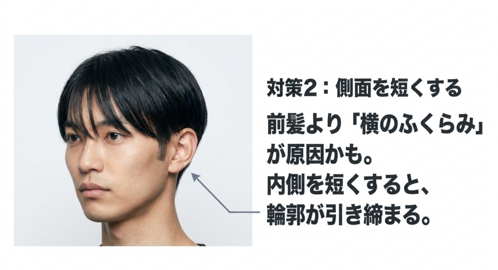 サイドの髪を短くして横の膨らみを抑え輪郭をすっきり見せる男性ヘア