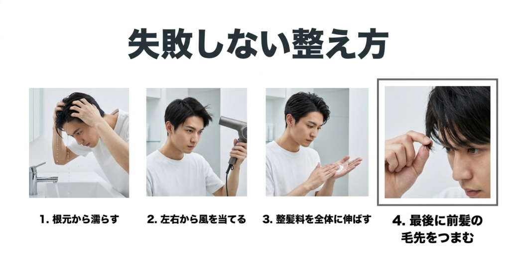 根元を濡らし左右から乾かしてスタイリング剤をなじませ前髪を整える4ステップ
