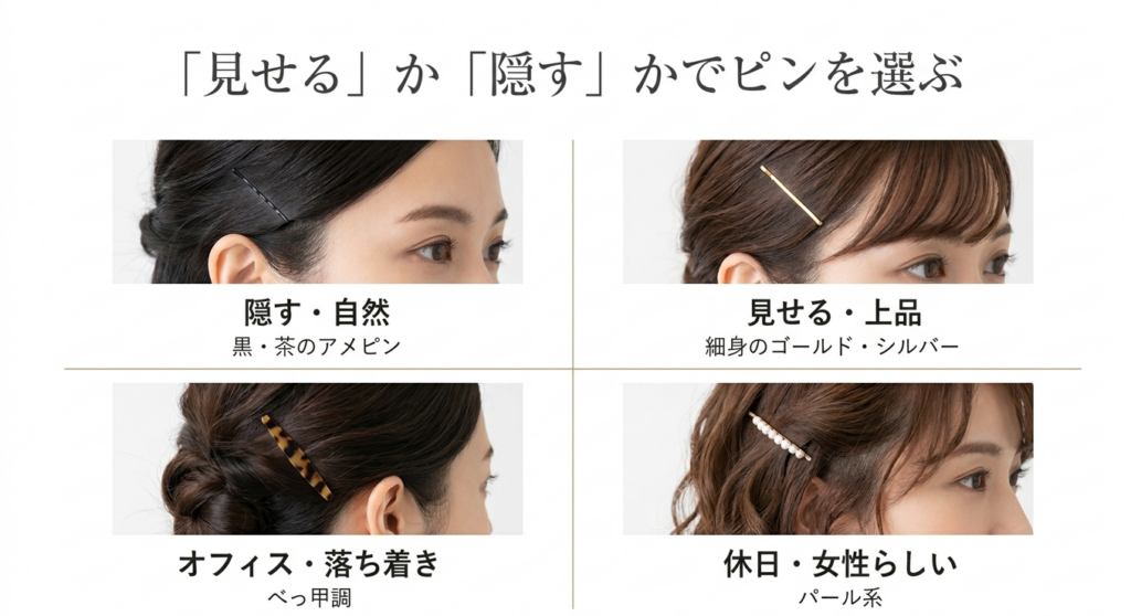 黒や茶のアメピン、ゴールド、べっ甲調、パール系など前髪ピンのシーン別の選び方