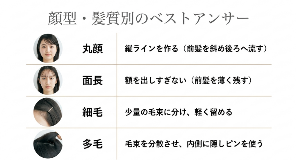 丸顔、面長、細毛、多毛それぞれに合う前髪ピンの留め方をまとめた一覧