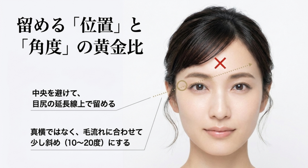 前髪ピンを額中央ではなく目尻の延長線付近で毛流れに合わせて斜めに留める方法