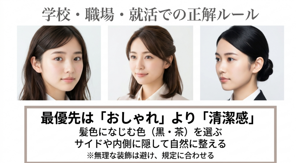 学校、職場、就活で清潔感を意識して黒や茶の前髪ピンを自然に使うポイント