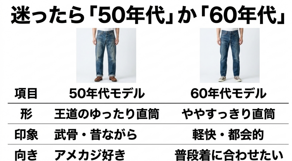 TCBジーンズ50sと60sのシルエットや印象、向いている人の違いを比較した表