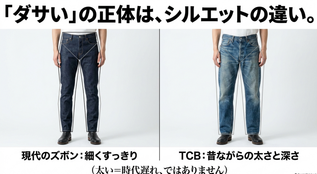 現代の細身ジーンズとTCBジーンズの太さや股上の違いを比較した図
