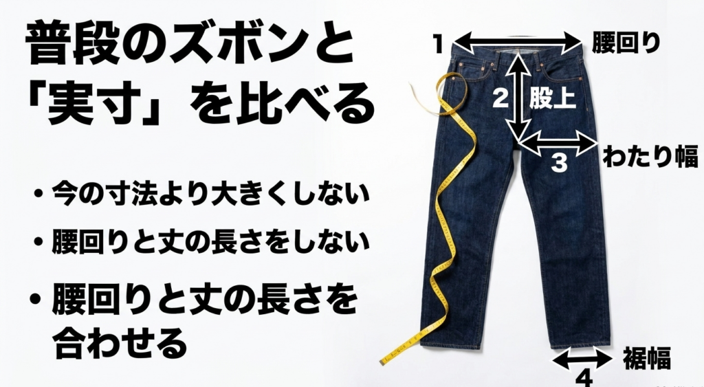 TCBジーンズの腰回り、股上、わたり幅、裾幅などサイズ選びで確認する箇所