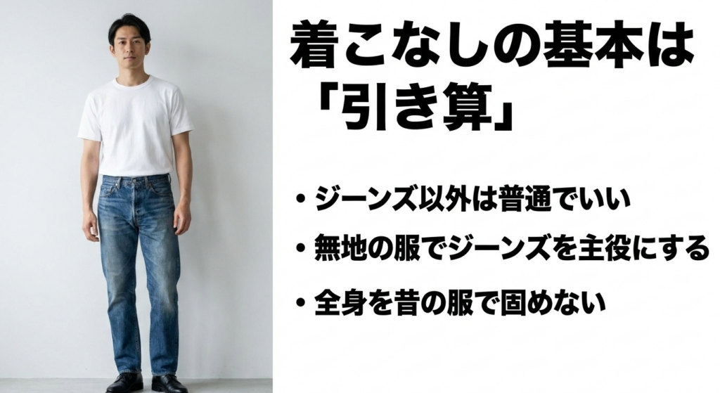 TCBジーンズを無地の服やシンプルなアイテムで着こなす引き算コーデの例