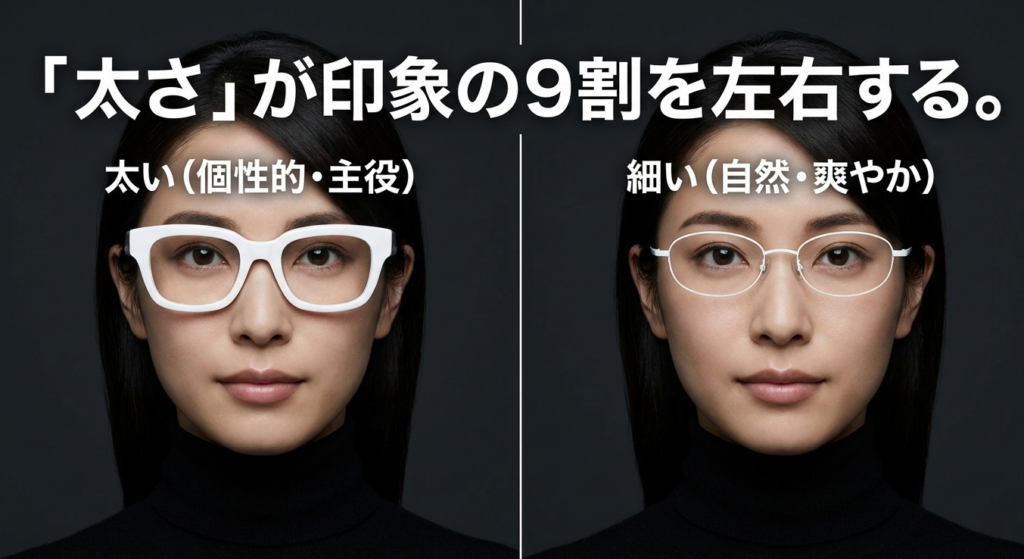 同じ女性が太い白縁メガネと細い白縁メガネを着用した比較画像。太いフレームは個性的で存在感が強く、細いフレームは自然で軽やかな印象
