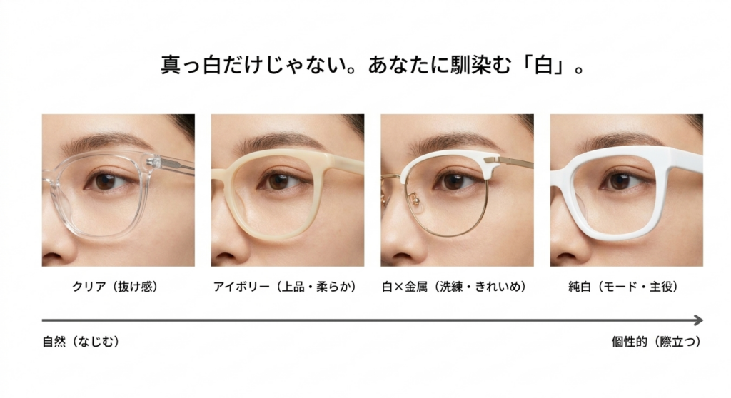クリア、アイボリー、白と金属のコンビ、純白の4種類のメガネフレームを比較し、自然な印象から個性的な印象までの違いを示した画像