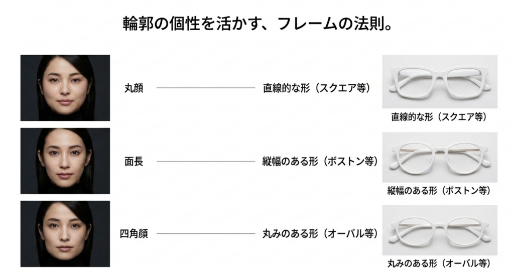 丸顔には直線的なスクエア型、面長には縦幅のあるボストン型、四角顔には丸みのあるオーバル型など、顔型別に似合う白メガネを比較した図解