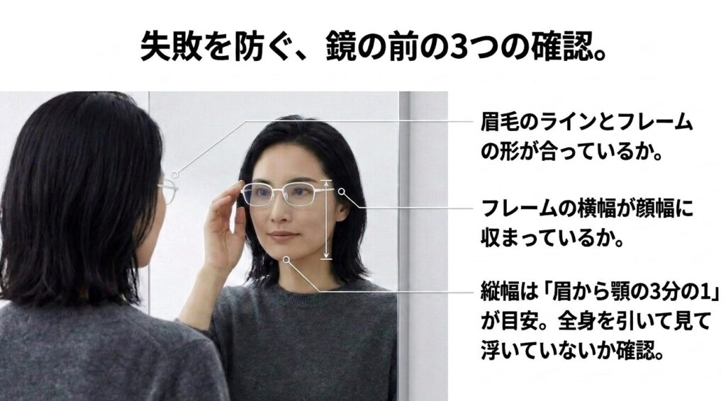白メガネの試着で確認したい3つのポイントを解説した画像。眉毛とフレームの形、顔幅とメガネの横幅、眉から顎までの約3分の1を目安にした縦幅を紹介