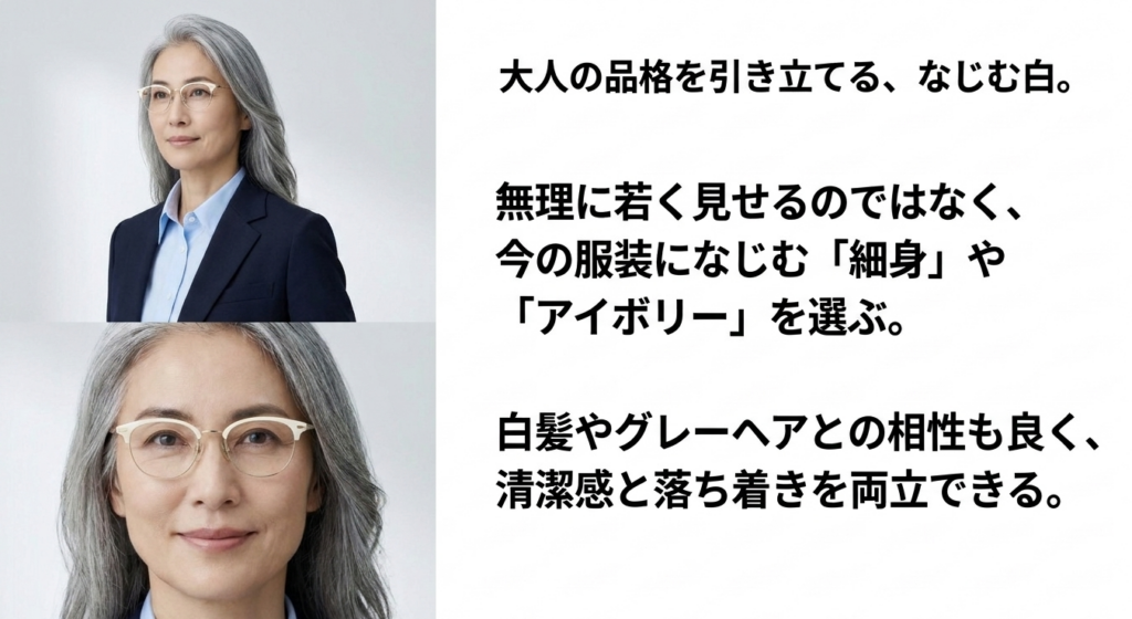グレーヘアの女性が細身のアイボリー系メガネを着用した写真。大人世代が白髪と白フレームをなじませ、清潔感と落ち着きを演出するスタイル