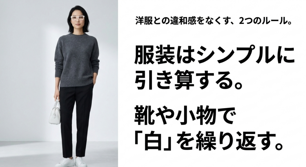 白フレームのメガネをかけた女性のシンプルなコーディネート例。グレーのニットと黒パンツに、白いスニーカーやバッグを合わせて統一感を出す方法