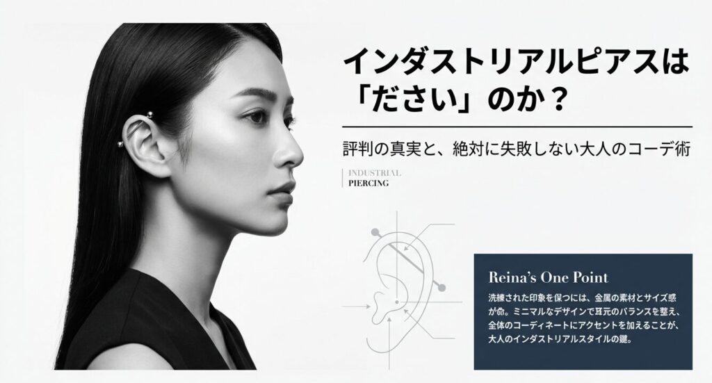女性の横顔とインダストリアルピアス。「ださいのか？」というタイトル文字