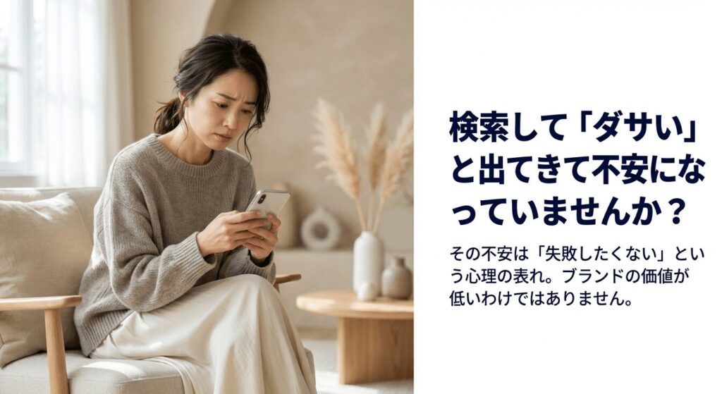 スマートフォンを見てダサいという口コミに不安そうな表情をする女性