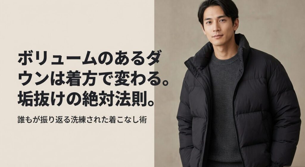 ヌプシなどボリュームのあるダウンジャケットの垢抜け絶対法則を示すタイトル