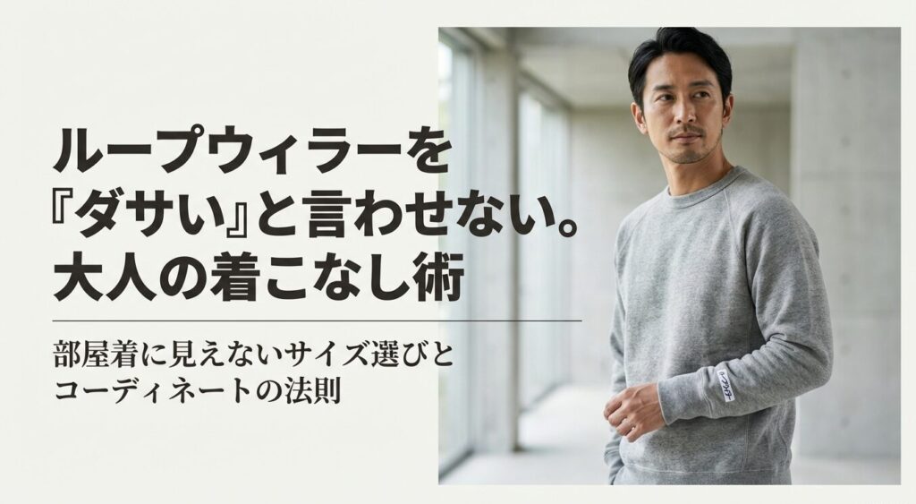 極上のスウェットを大人に着こなす法則、部屋着に見せないプロが教える着こなし術と書かれたタイトルスライド