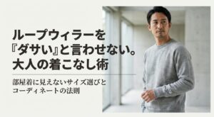 極上のスウェットを大人に着こなす法則、部屋着に見せないプロが教える着こなし術と書かれたタイトルスライド
