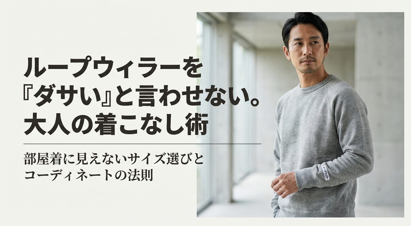 極上のスウェットを大人に着こなす法則、部屋着に見せないプロが教える着こなし術と書かれたタイトルスライド
