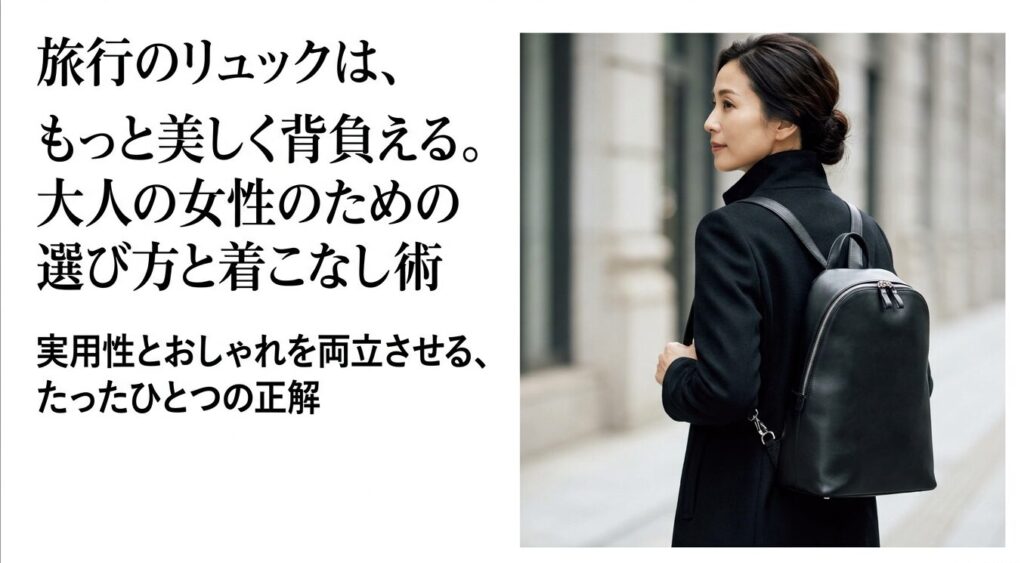 黒のレザーリュックを上品に背負う大人の女性