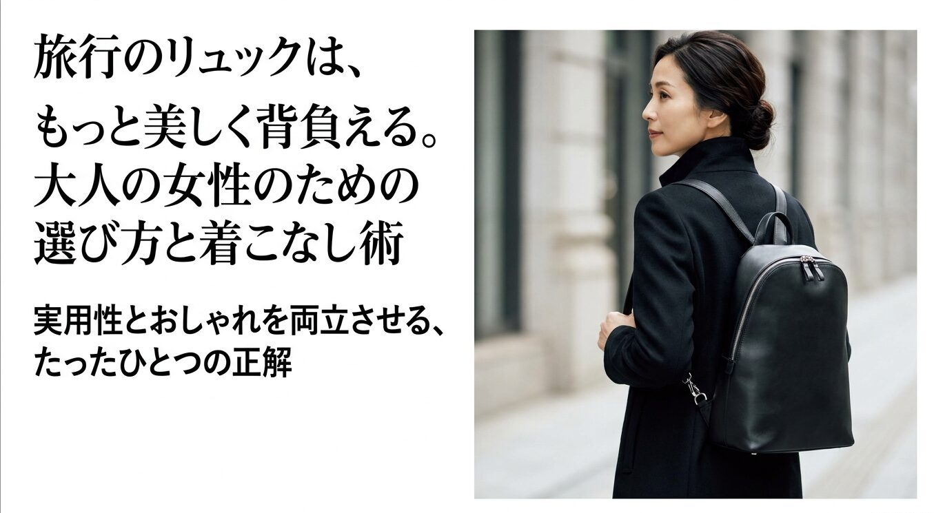 黒のレザーリュックを上品に背負う大人の女性