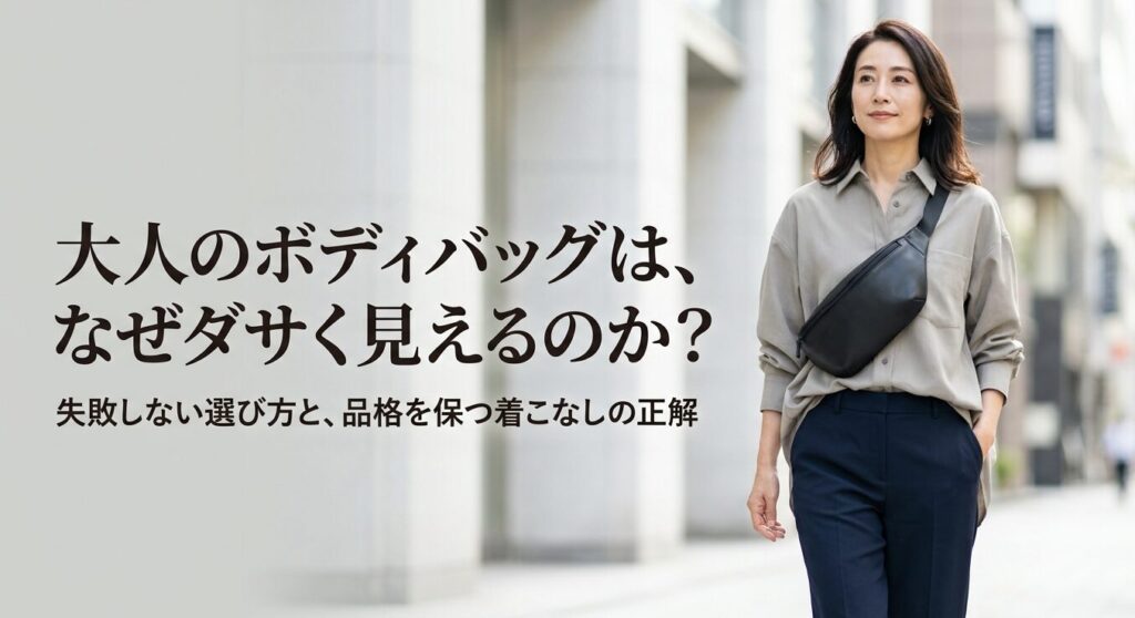大人のボディバッグはなぜダサく見えるのか？失敗しない選び方と品格を保つ着こなしの正解のタイトルスライド