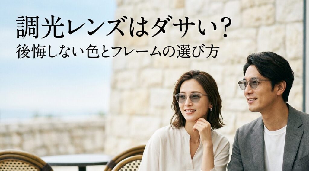 調光レンズをかけた男女と、後悔しない色とフレーム選びを示したアイキャッチ画像