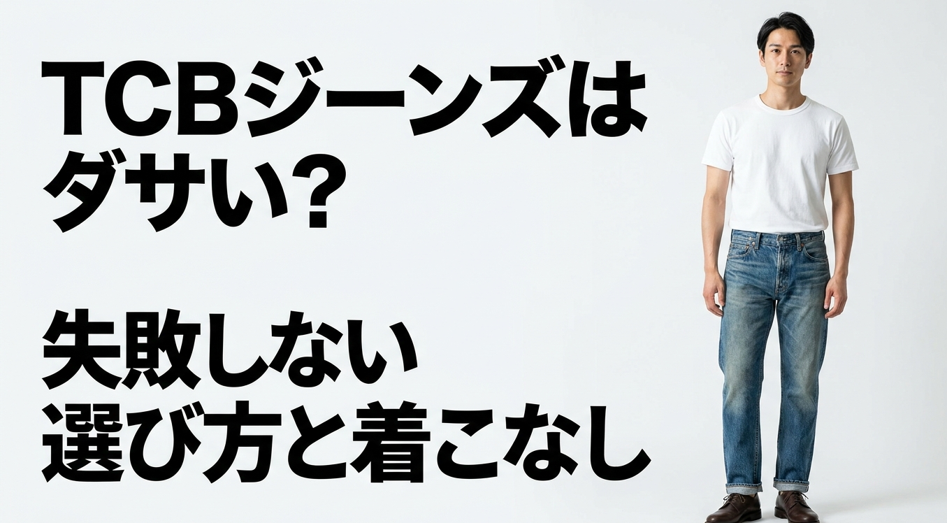 TCBジーンズはダサいのかをテーマに、失敗しない選び方と着こなしを紹介する画像