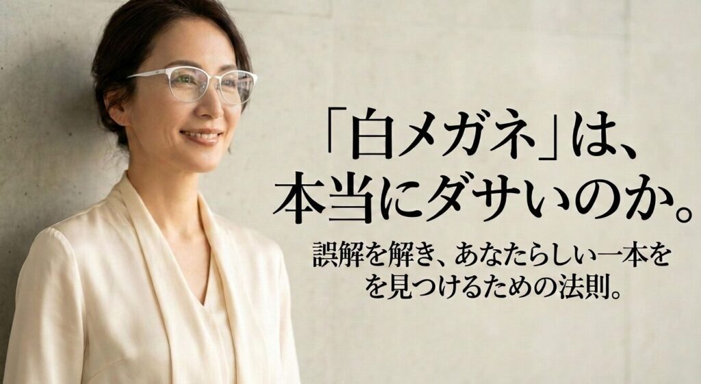 細身の白フレームメガネをかけた女性と、白メガネは本当にダサいのかという疑問を紹介するスライド